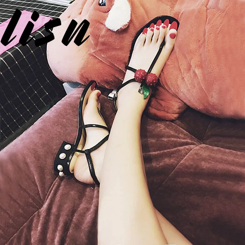 

LISN New Genuine Leather Cherry Summer Sandals Open Toe Pearl Beading Low Heel Sandals Shoes Women Party Shoes Sandals