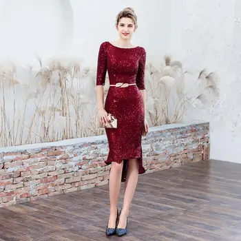 

SoAyle Wine Red Evening Dresses long Scoop Mermaid Prom Dress Sequins Evening Dress for Women robe de soiree