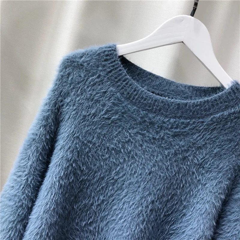 OLN 2019 New Winter Pullover Loose Solid Color Plush Sweater Mohair Round Collar Top Comfortable Streetwear Women Sweaters 6536