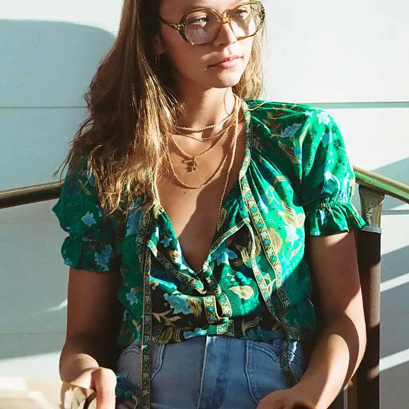 

BOHO INSPIRED Vintage gypsy vibes summer top tassel tie blouse women buttons down forest print boho blouse holiday beach top