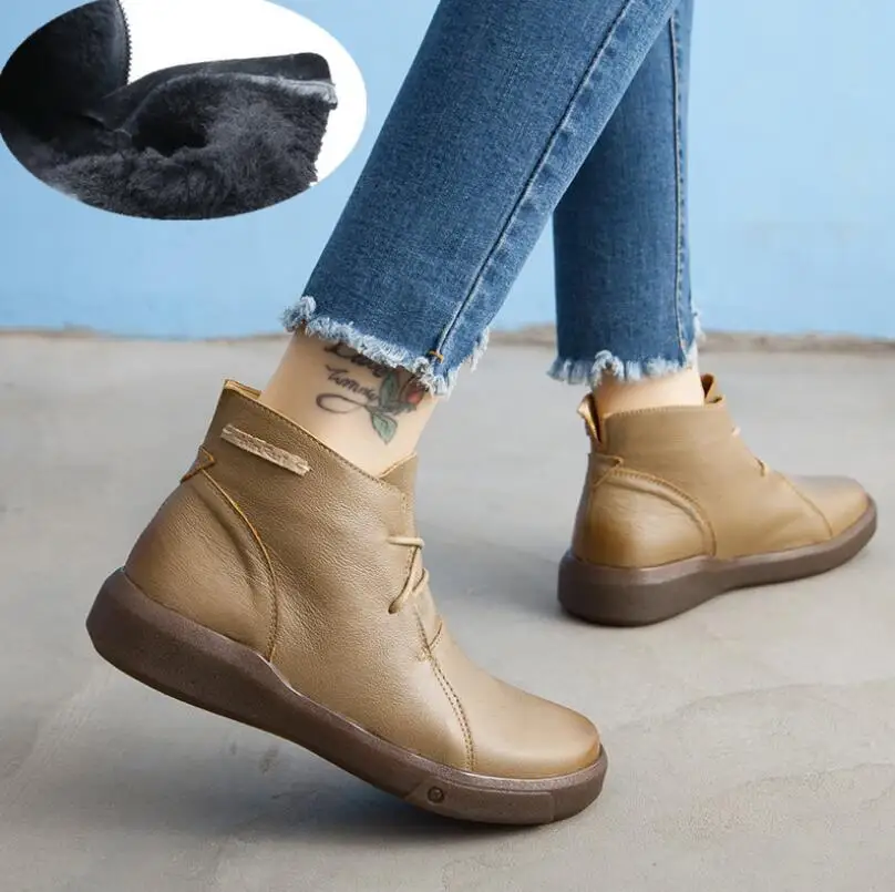 Зимние ботильоны женские ботинки из натуральной кожи модные ботинки Женская рабочая обувь женская обувь на шнуровке с круглым носком женские ботинки - Цвет: Khaki short plush