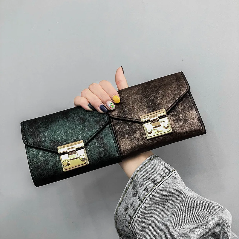 

2019 New Fashion Luxury Design Women Standard Wallet Vintage Lock Short Small Envelope Wallet Girl PU Leather Purse Card Holder