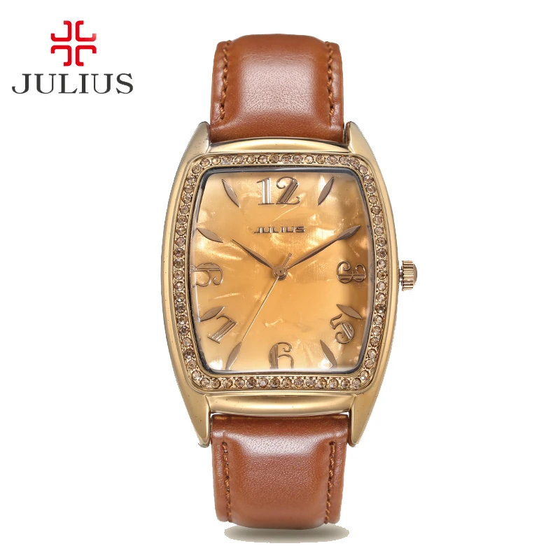 

JULIUS Brown Tonneau Shell Watches Women On Sale Cheap Clock High Quality Japan Movement Genuine Leather Strap Watches JA-297
