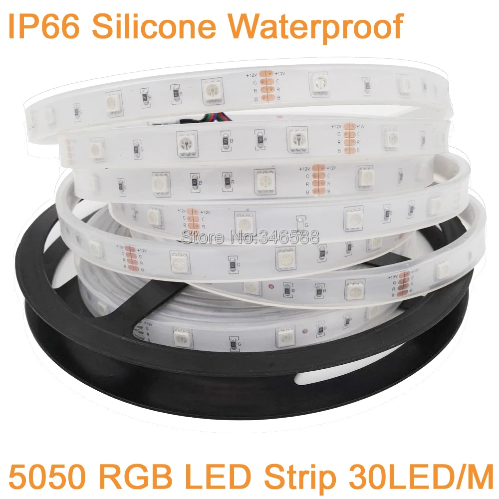 #cheap 5M 12V 5050 RGB Multi Color LED Strip Light, IP66 Silicone Waterproof 5050 SMD 30LED M 150LEDs Flexible LED Tape DC12V 30 LED M