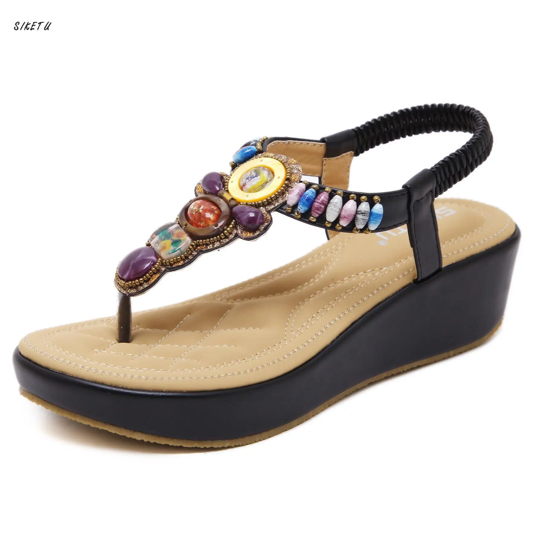 

Siketu Womens Beach Sandals Elastic Band Flip Flops Leather Platform Sandals Bohemia String Bead Siketu Sandals Sandalias Mujer