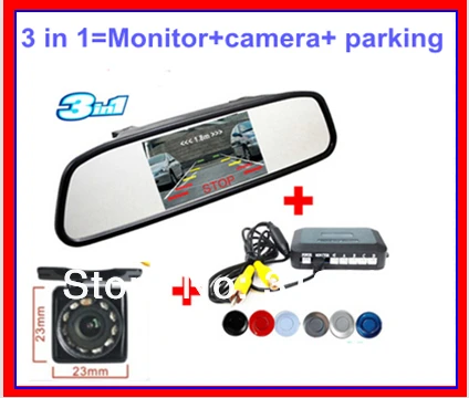 

3 in 1 monitor video camera parking sensor system 4.3"LCD mirror monitor 2ch av in +LED/IR camera w parking line+parking sensor