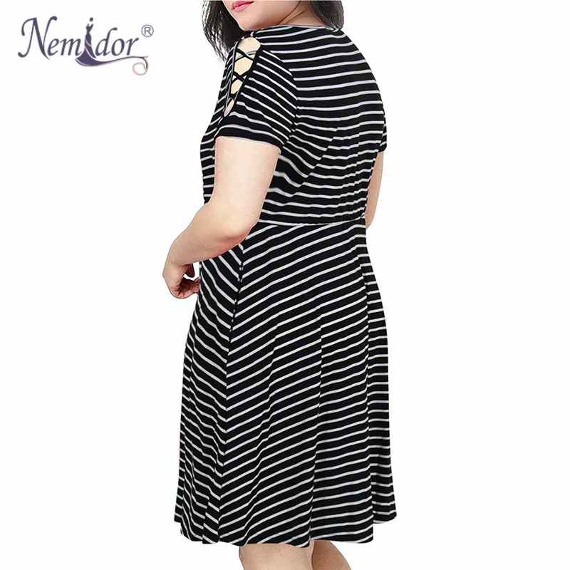 Nemidor Women Casual O-neck Short Sleeve Stripe Print A-line Dress Plus Size 7XL 8XL 9XL Swing Fit and Flare Dress With Pockets