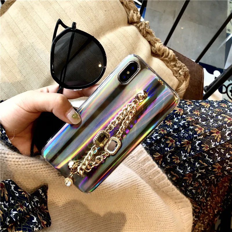 

Laser Ray Shine Bright Mobile Phone Case For iPhone8 8Plus 3D Bracelet Metal Chain Protective Shell Back Cover Coque Funda Bags