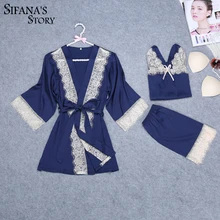 Для женщин пикантные шелковый атлас халат комплект кружева Комплект из 3-х предметов халат+ топ+ короткие летние пижамы Установить Мода Ночное Мягкая домашняя одежда