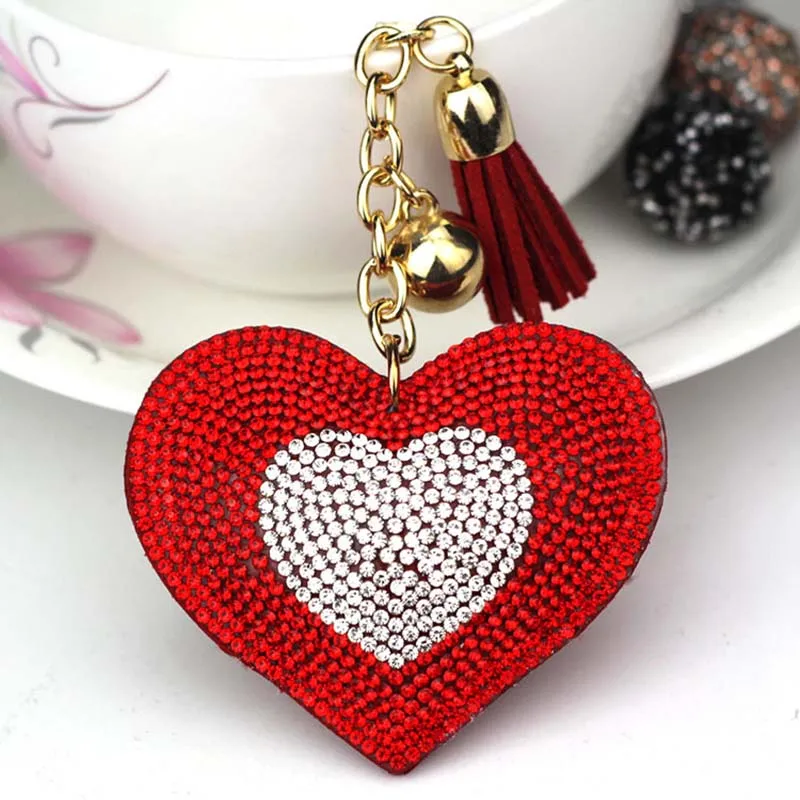 

Heart Keychain Female Cute Key Chains Key Covers the Rhine stone Mosaic leather fringed key cap gift