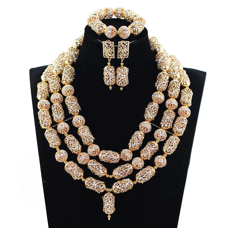 Gold 3 Layers Necklace Earring Bracelet Set Party Events Jewelry Gift