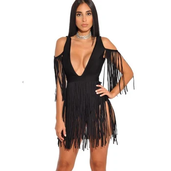 

Women Mini Dress 2018 New Arrival Fashion Short Sleeve Sexy V Neck Tassel Celebrity Evening Party Bandage Dress Clubwear Vestido