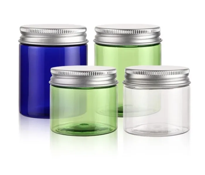 

food container 30ml 50ml 100ml 120ml 200ml 250ml 300ml 500ml clear PET plastic candy jar with aluminum cap for Food Storge