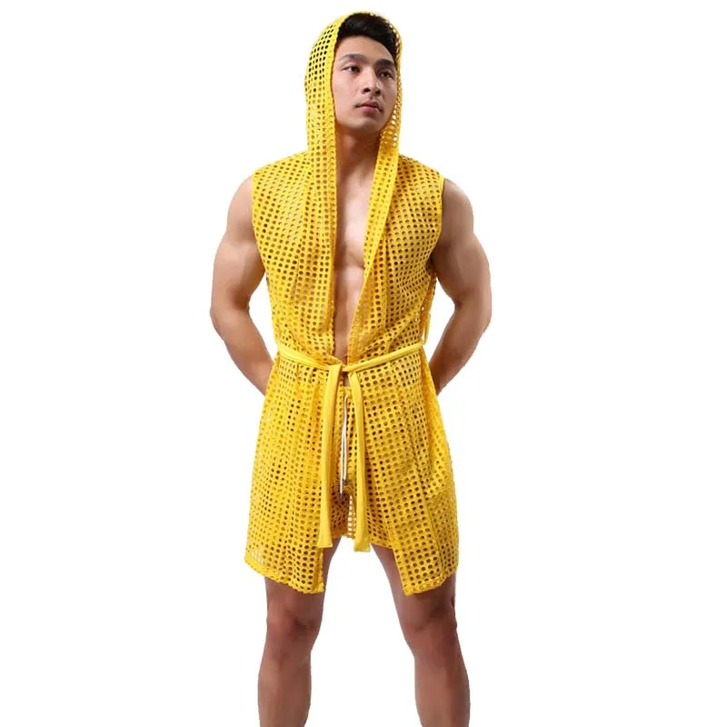 

Men Sexy Fishnet Transparent Hooded Bathrobe Fashion Brand 2019 Gay Long Bath Robe Nightgowns