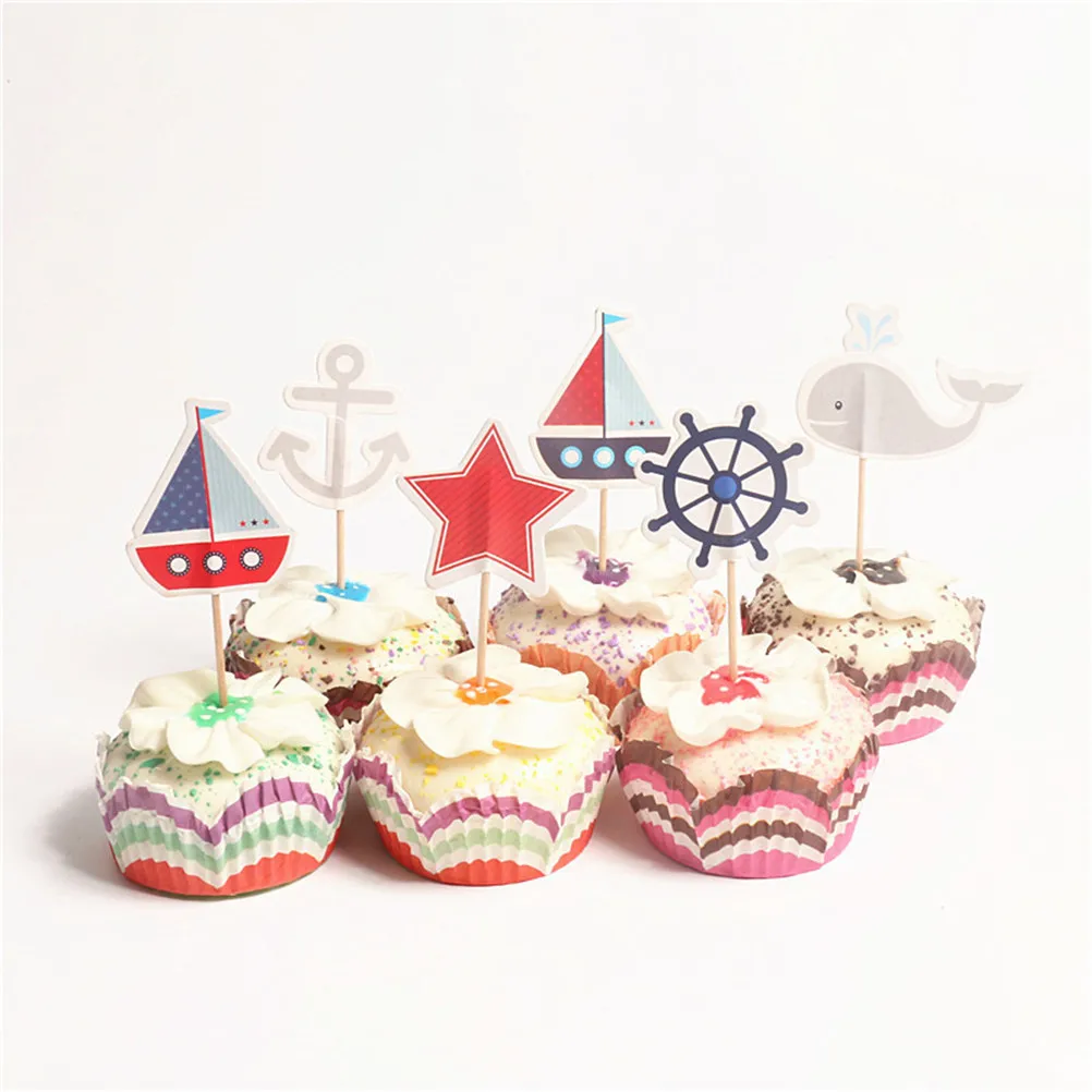 

24pcs Cartoon Ocean Sailing yacht Boat Pirate Ship Whale Star Cupcake Toppers Party Supplies Kids Boy Birthday Cake Decorations