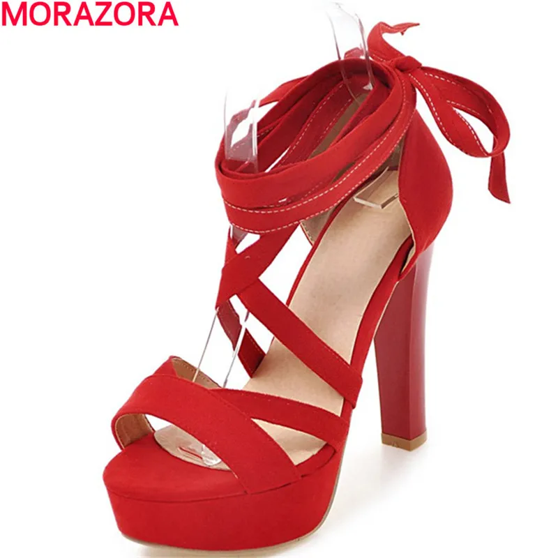 MORAZORA/Большие размеры 34–43 Женская мода Обувь на высоком каблуке сандалии пикантные летние на шнуровке свадебные туфли сплошной цвет свадебные туфли