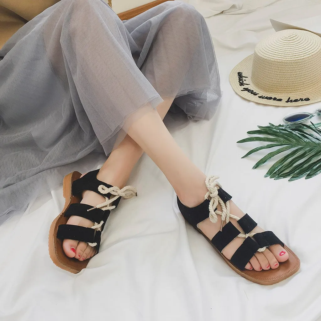 

BZBFSKY Women Sandals Summer Roma Soft Flat Sandals Women Lace Up Casual Ladies Sandals Round Toe Womens Shoes