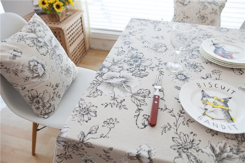 Retro White Peony Printed Tablecloths Cotton Linen Rectangle Lace Table Cloth For Table Decor Floral Table Cover For Kitchen    