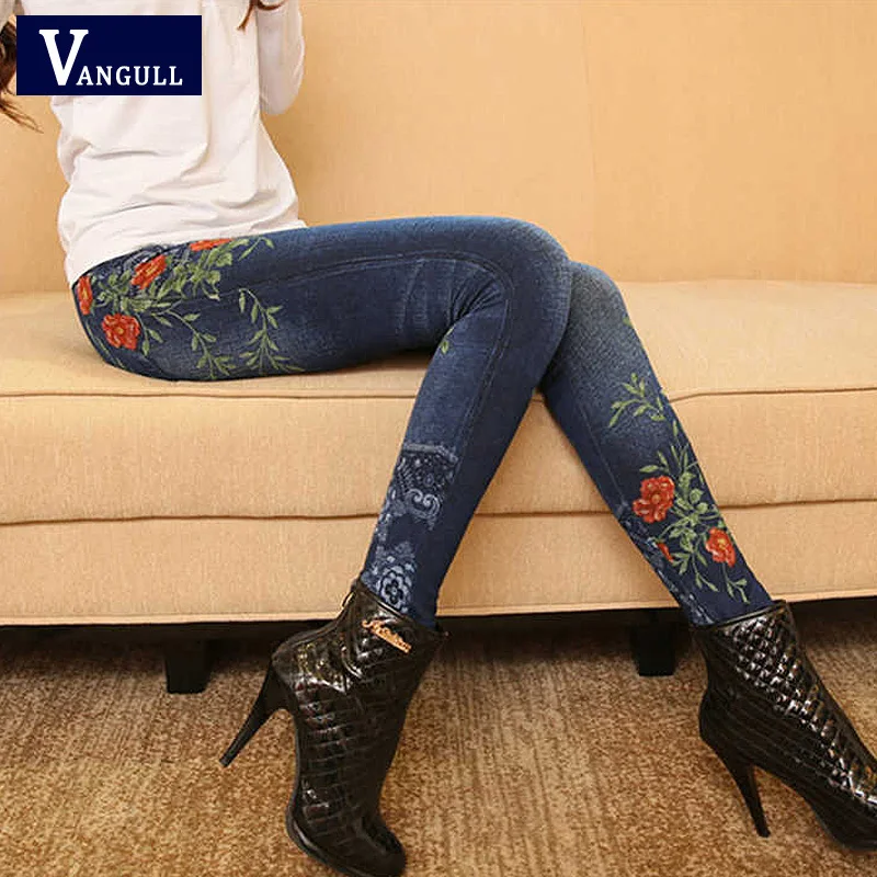 

Vangull Women Leggings Faux Denim Jeans Leggings Sexy Long Pocket Printing Spring Winter Leggings Casual Pencil Pants Plus size