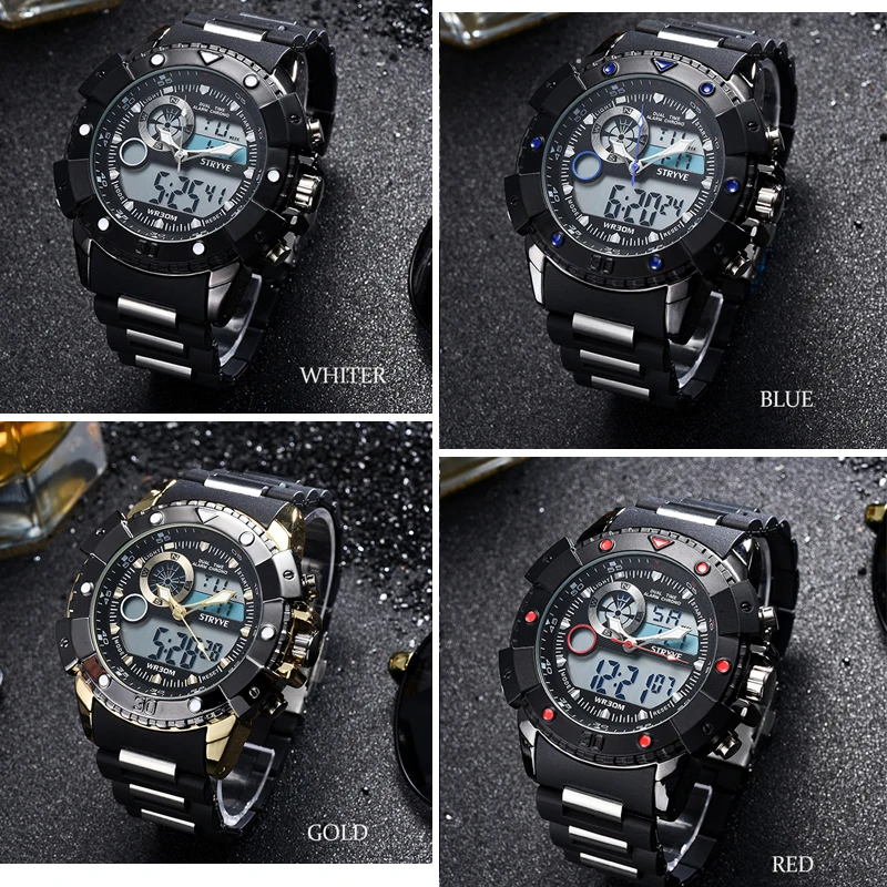 STRYVE Fashion Gold Men Watches Top Luxury Multifunction Sports Watch Man Quartz Analog Military Digital Male Clock Wrist Watch