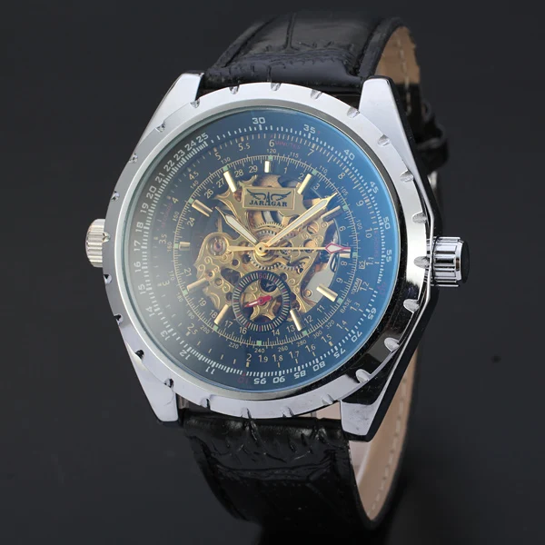 

Jargar Automatic Men Skeleton Black Wristwatch Leather Band Mechanical Watch with Gift Box