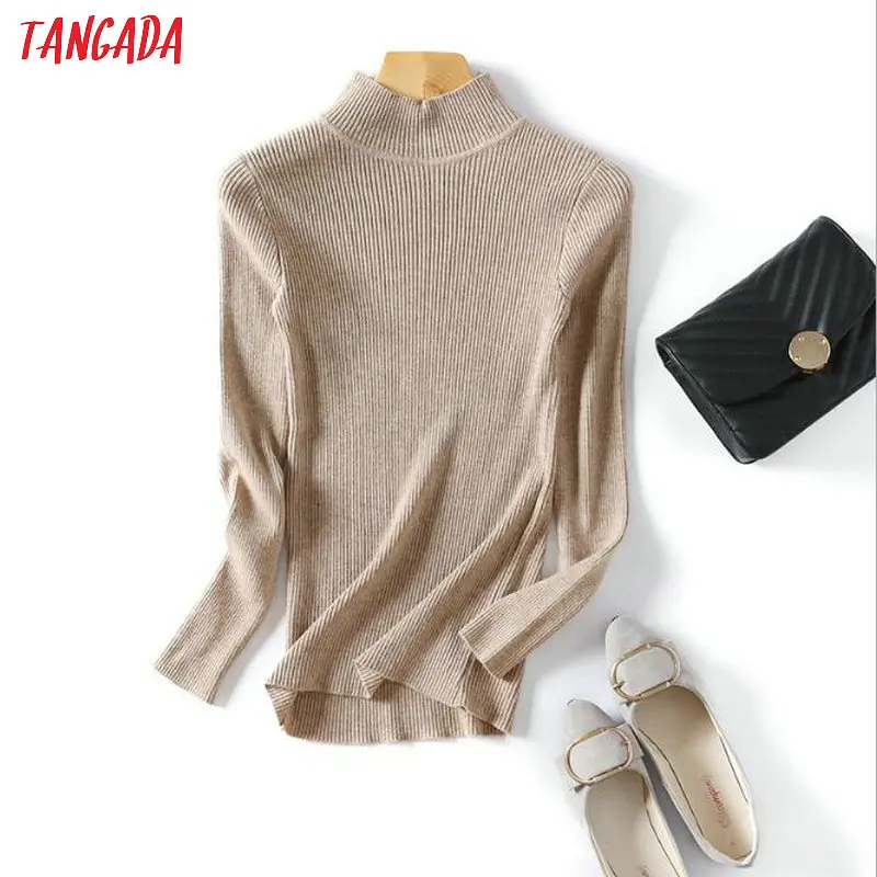 Tangada, зимний женский джемпер с высоким воротом, пуловер с длинным рукавом, стрейчевый пуловер с круглым вырезом, Женский Повседневный Мягкий Вязаный топ, Femme AQX04