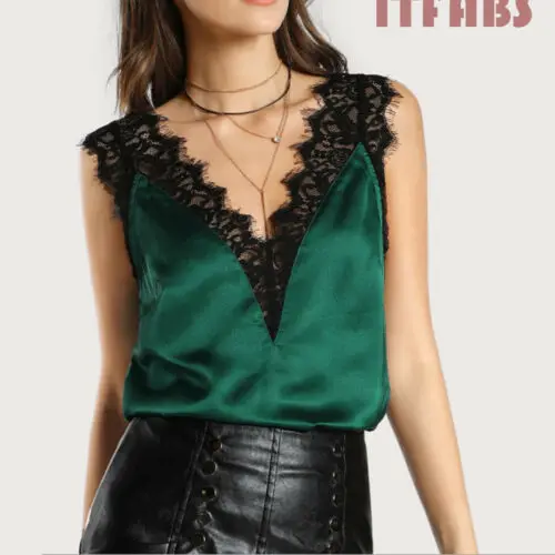 

Fashion Women V neck Sleeveless Casual Lace Stain Patchwork Purple Green Black Summer Loose Vest Tank Tops