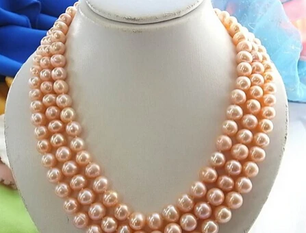 

xiuli 001859 3ROW 9-10MM PINK ROUND FRESHWATER CULTURED PEARL NECKLACE SHELL