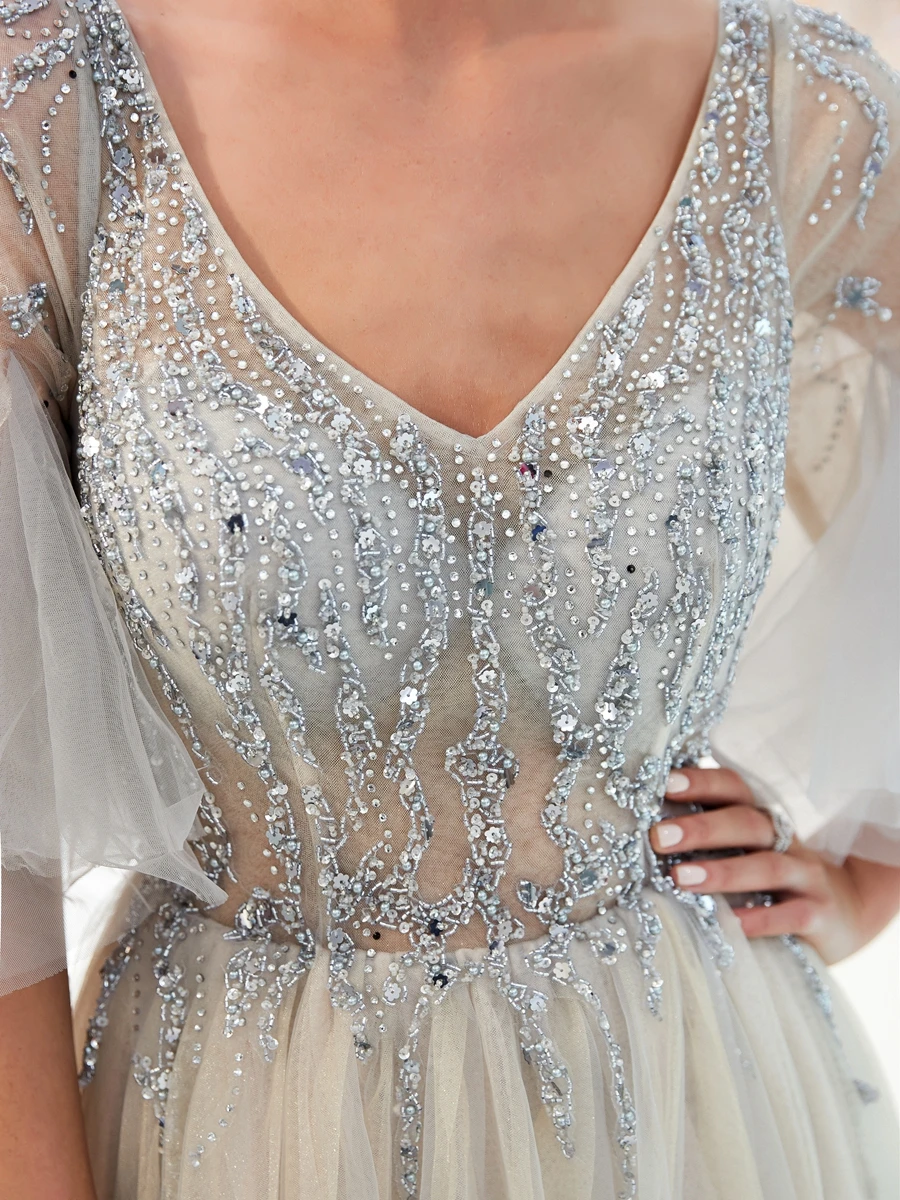 Gray Crystal Prom Dresses Beading Bodice Short Sleeves Walk Beside You Illusion Tulle A-line Vestidos Bestidos De Fiesta Largos