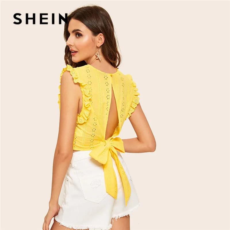 

SHEIN Boho Frilled Trim Tied Split Back Schiffy Blouse Women Tops Summer Round Neck Sleeveless Crop Top Cotton Slim Blouse