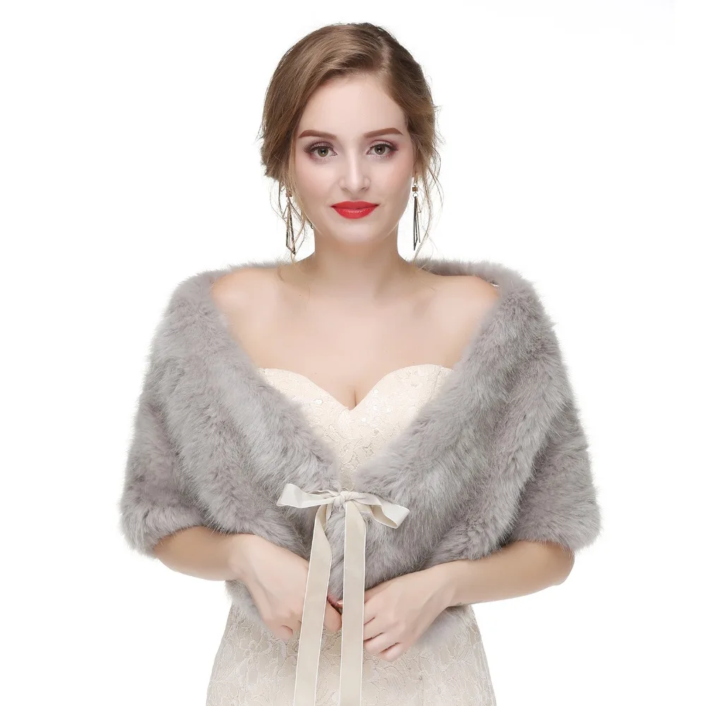 JaneVini Winter Fur Wedding Cape For Brides Women Gray Faux Fur Wrap White Bolero Bridal Shawl Dress Wraps Bolero Cape Mariage