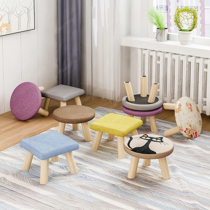 Круглый квадратный тканевый деревянный стул для детей маленький табурет для ног Сменная обувь переносной мягкий стульчик детская мебель спальня деревянная скамья