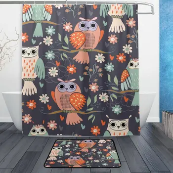 

Cute Animal Shower Curtain and Mat Set, Colorful Owl on Tree Branches Waterproof Fabric Bathroom Curtain