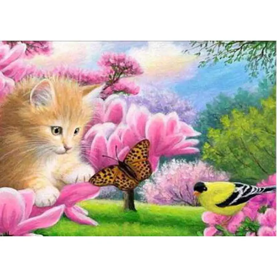 Diamond-Embroidery-scenery-Diy-5D-Diamond-Painting-Cross-Stitch-kits-Cat-bird-butterfly-on-the flowet | Дом и сад