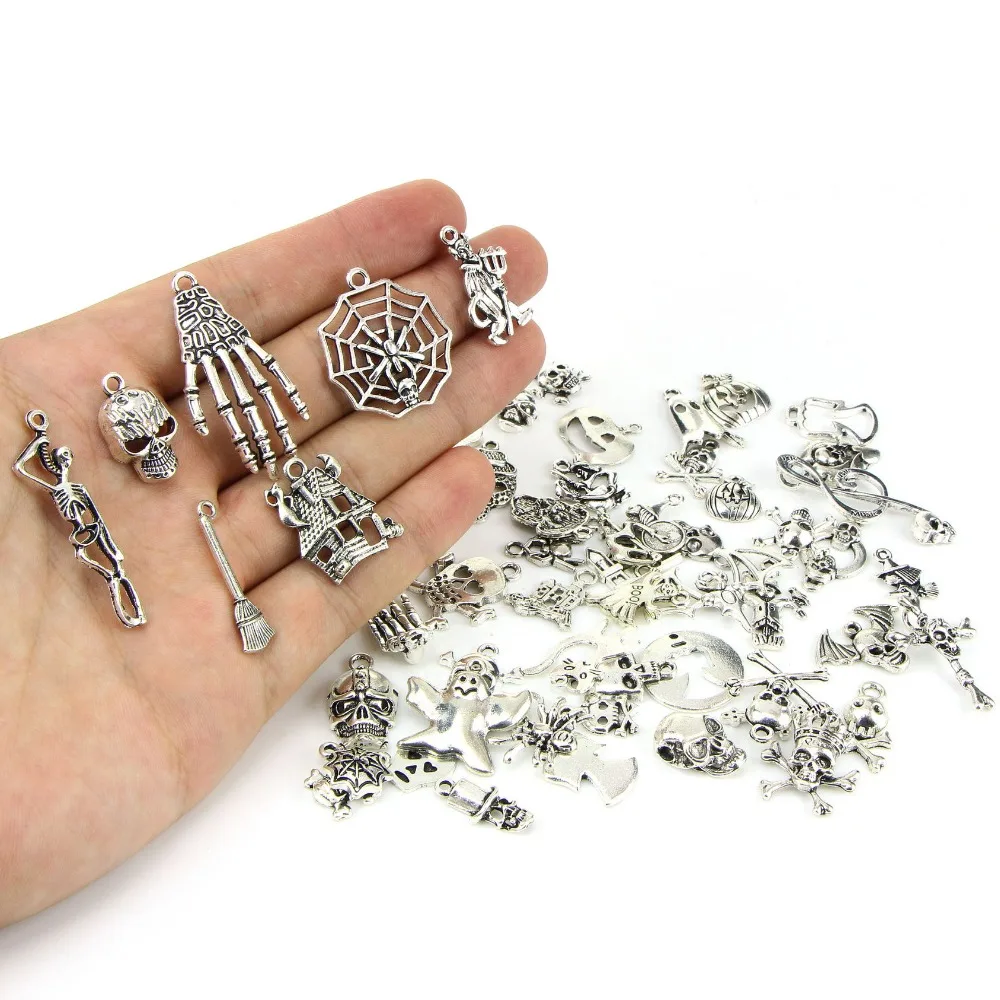 

Mixed 60 Designs Skull Skeleton Hand Spider Bat Ghost Wizard Halloween Pendant Charms Diy Jewelry Making 60pcs/bag