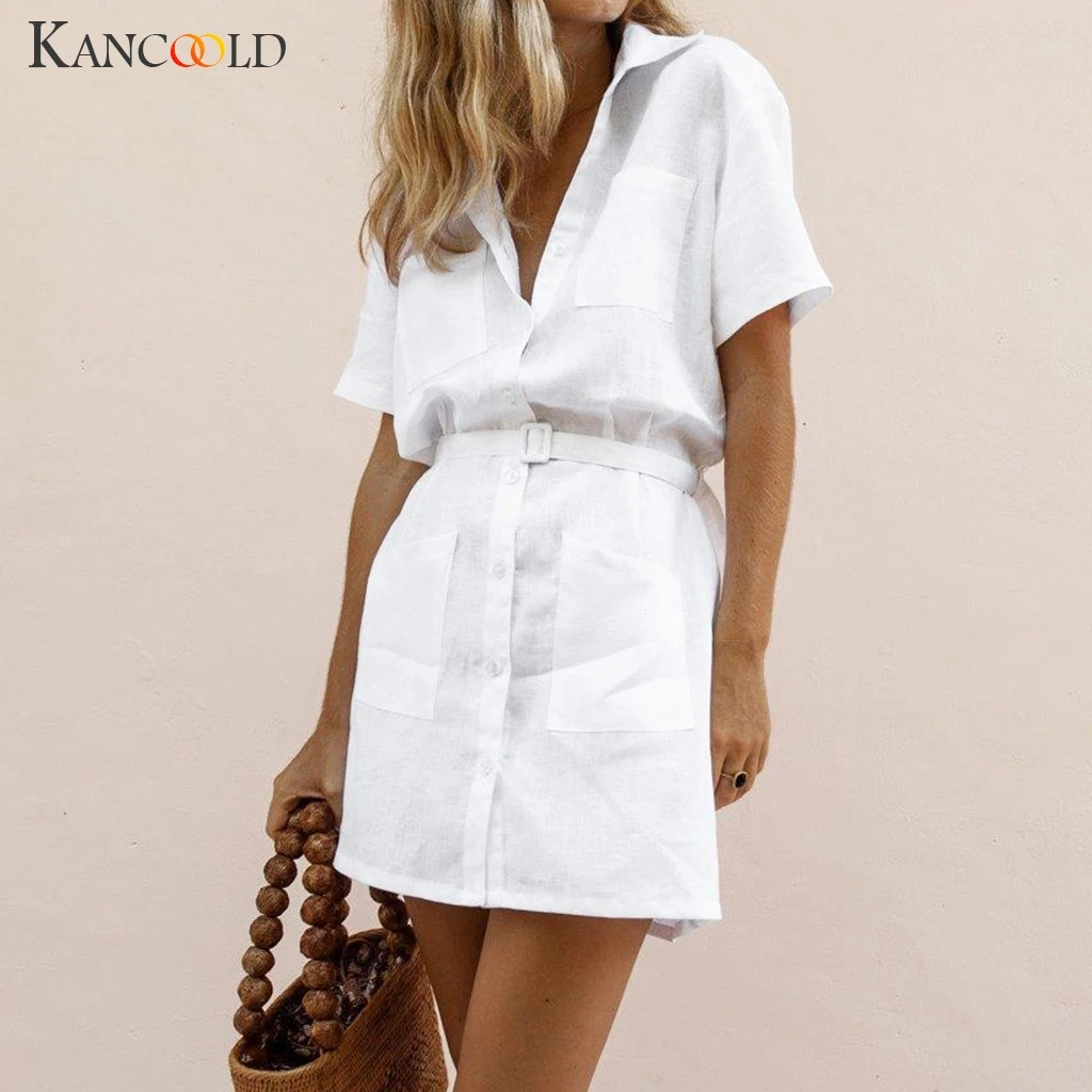 

KANCOOLD dress Women V Neck Slim Cotton Botton Summer Dress Pocket Temperament Beach Sashes fashion new dress women 2019MAY28