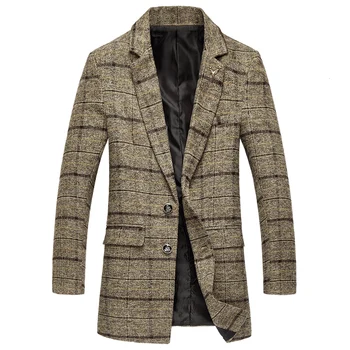 

Men's autumn and winter classic plaid large size slim wool high-end long-length woolen coat / 2018 new boutique windbreaker