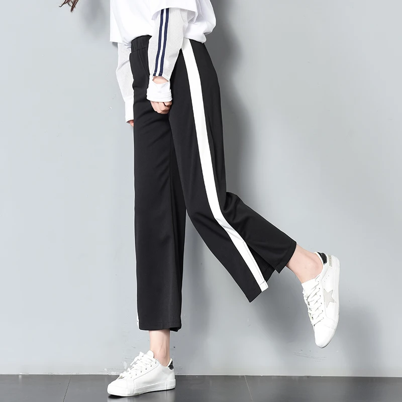 

2018 Spring Summer Female High Waist Loose Thin Wide Leg Pants Korean Casual Side Striped Slit Ankle Length Women Pantalon Femme