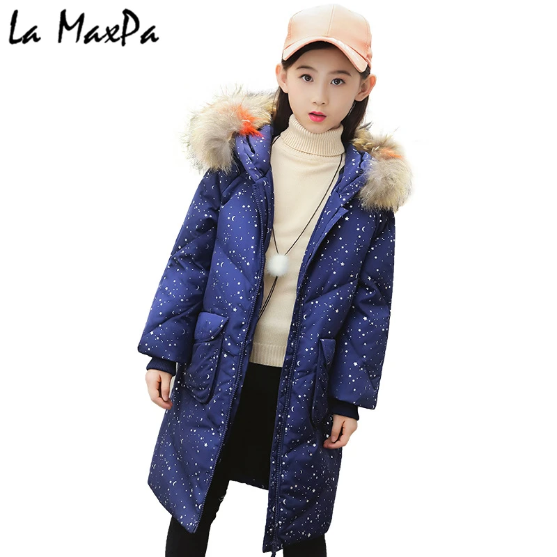 

New 2018 Fashion Children Winter Jacket Girl Winter Coat Kids Warm Thick Fur Collar Hooded long down Coats For Teenage 5Y-9Y