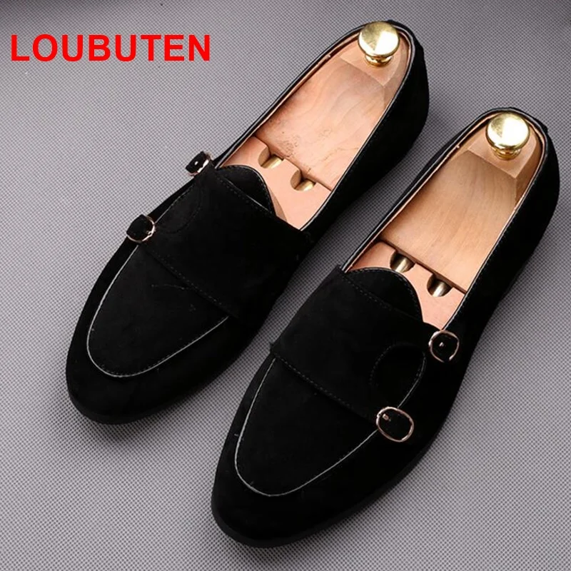 LOUBUTEN Double Monk Strap Shoes Men Slip-on Casual Leather Shoes Fashion Suede Loafers Plus Size Driving Shoes Smoking Flats