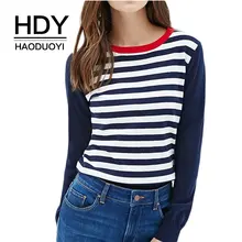 HDY Haoduoyi, полосатая футболка с круглым вырезом, узкая, синяя и белая, повседневные, Осенние Топы для женщин, новинка, консервативный стиль