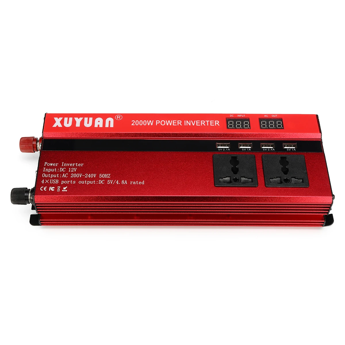

2000W 4 UBS LED Display Power Inverter DC 12V to AC 220V LED 2 AC Outlets Ultra Compact Design 31x10x5.5cm Built-in Cooling Fan