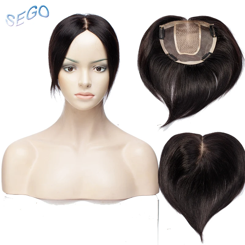 

SEGO 6 Inches 15*15 Silk Base Straight Hair Topper Toupee For Women 4 Clips in Human Hair Pieces closure Non-Remy Hair 42g/PCS