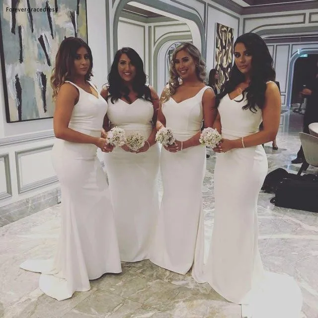 Plus Size Mermaid Maid of Honor Gowns 2019 Cheap White Western Country Weddings Bridesmaids Gowns V Neck Long Robe de soriee  88