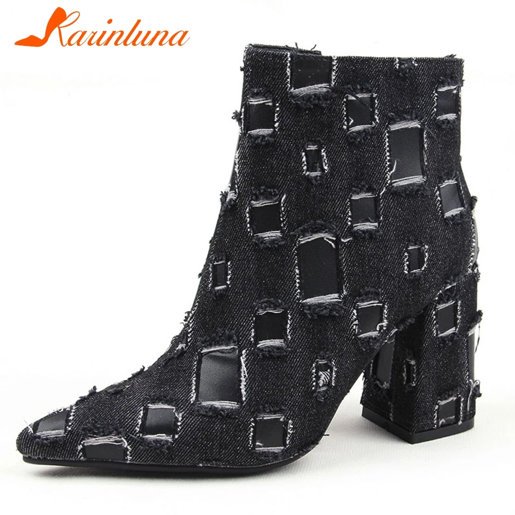 

KARINLUNA 2019 Fashion Denim Patchwork Ankle Boots Woman Spring Autumn 2019 women's High Heels Shoes Boots Women Size 35-43