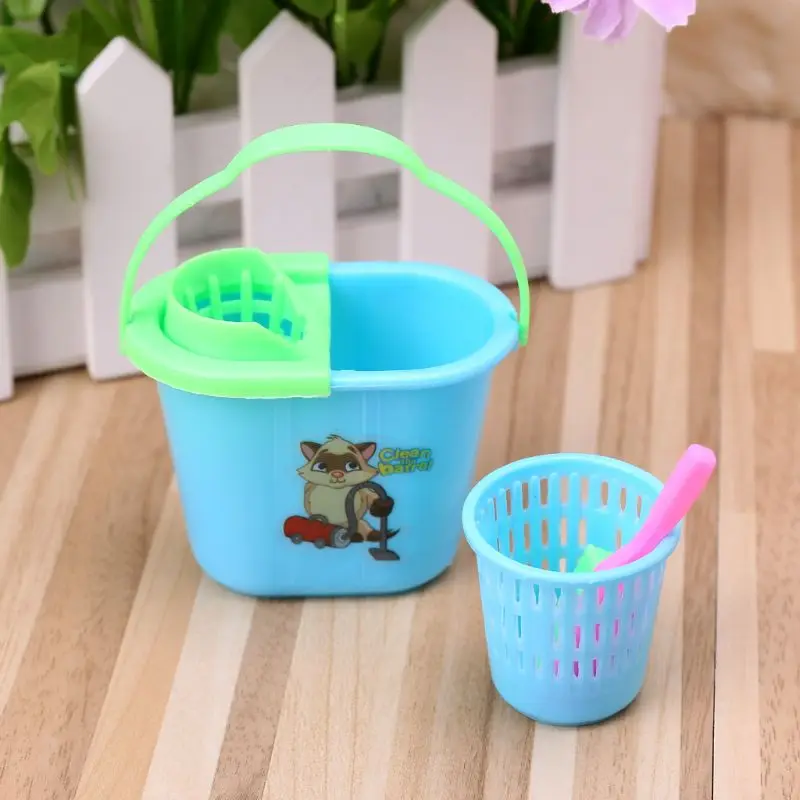 1 مجموعة دمية تنظيف أداة مصغرة لعب الأثاث دمية منزل لعبة أطفال الأطفال المنزلية منظف الغبار دلو مقشة بلاستيكية