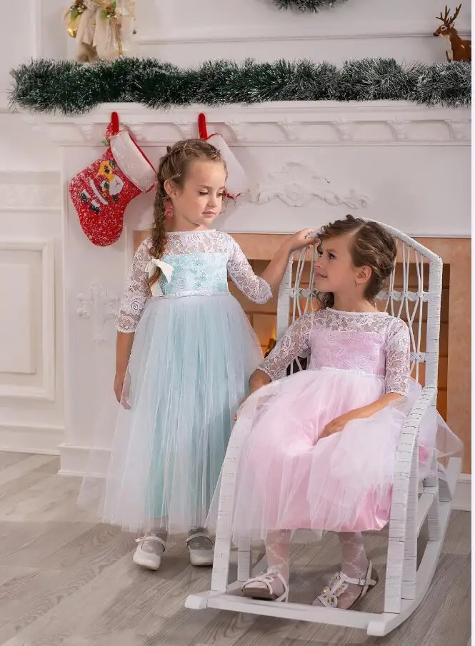 

Girl's Pageant Princess Dresses 2017 Long Sleeve Lace Flower Girls Dresses Gauze Gowns Long Dress Children Wedding Party Dresses