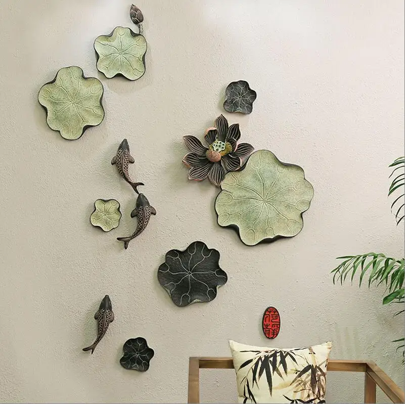 

European Resin Fish Lotus Wall Sticker Decoration Home Livingroom Wall Hanging Crafts Hotel Porch Wall Mural Ornaments Pendant