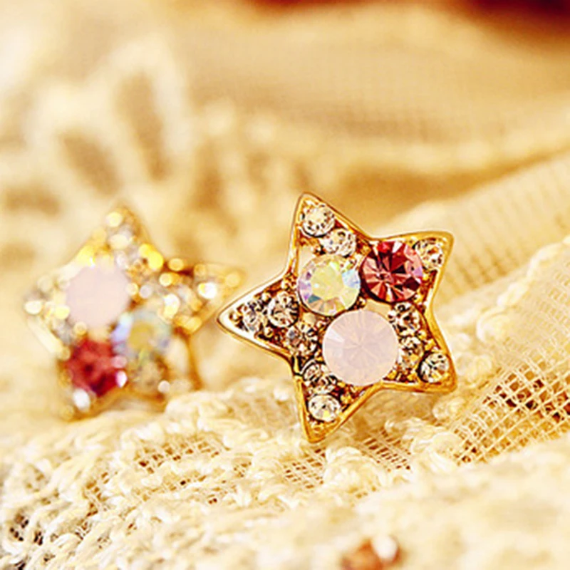 

Fashion Full Rhinestone Five-pointed Star Shaped Colorful Crystal Stud Earrings for Women Jewelry 4ED395