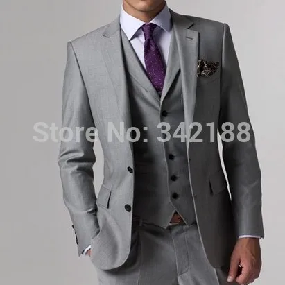 

FREE EMS!Side Slit Two Buttons Slim Fit Light Grey Groom Tuxedos Groomsmen Men Wedding/Dinner Suits(Jacket+Pants+Vest)